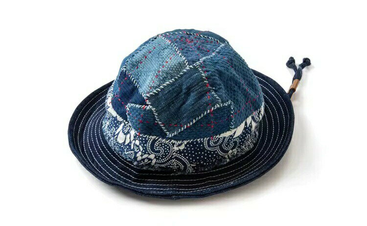 バケットハット 藍染 BORO パッチワーク 帽子 手縫い 刺し子 剣道布 渋い帽子 ユニセックス 植物染め ..