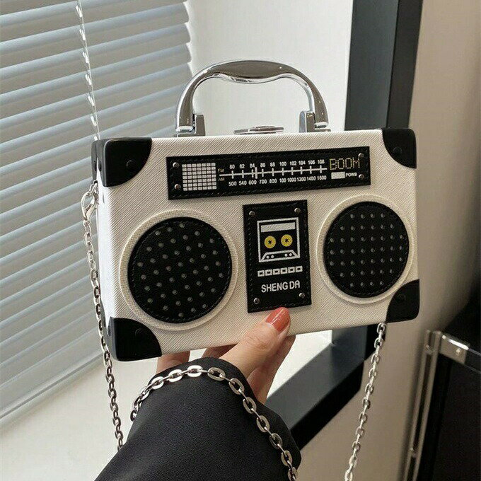 1個 ラジオ型ハンドバッグ、ファッショナブルな音楽エレメントボックスデザイン レディースバッグ、ス..