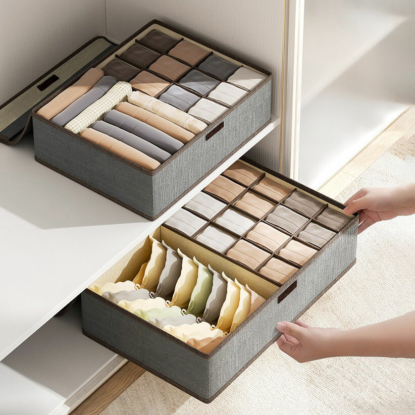 下着収納ケース ふた付き 収納ボックス 折りたたみ 仕切り 下着収納 整理 衣類用 引き出し仕切り 小物入れ 靴下 ショーツ ブラジャー 収納 水洗い 型崩れ防止 省スペース 多機能 大容量 リネン クローゼット 2点組 13マス 17マス 全4色