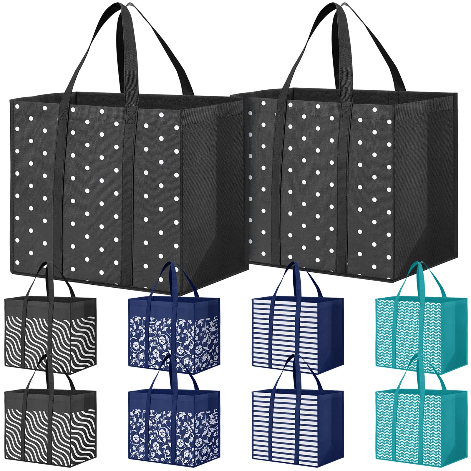 10パック 再利用可能な食料品バッグ 35L 大容量 買い物バッグ 高耐久 再利用可能なバッグ 食料品用 防水トートバッグ ショッピングやピクニックに 丈夫なハンドル付き