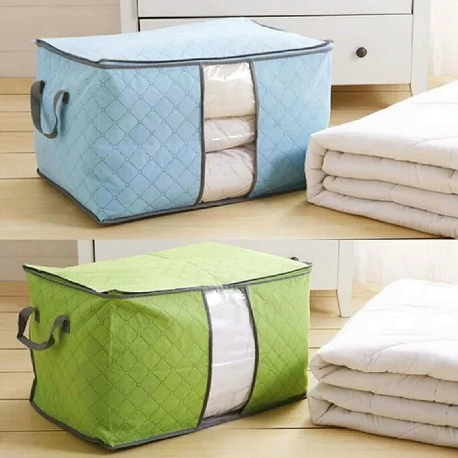 布団収納袋 5枚セット 押入れ収納用 竹炭配合 消臭効果付き 大容量 折りたたみ可能 丈夫な不織布取っ手..