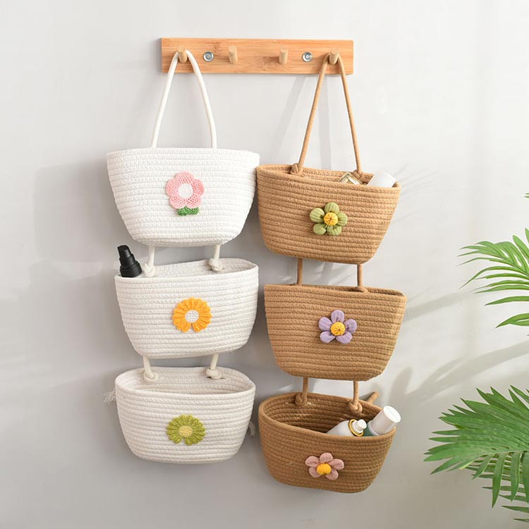 可愛い 壁掛け収納バスケット 壁面装飾 ナチュラル 吊り下げ 小物入れ ウォールポケット 壁面収納 省ス..