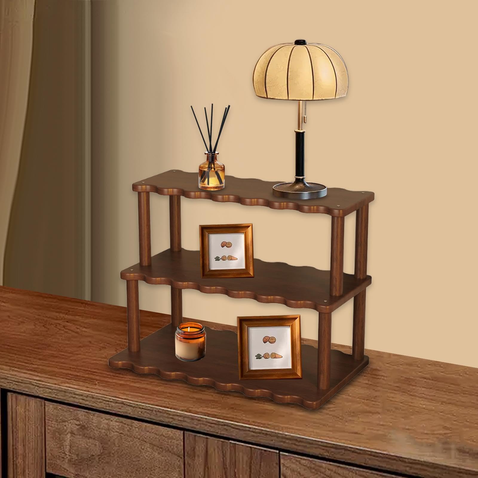 木製デスクオーガナイザー、スパイスラック、デスクシェルフ、寝室用化粧品オーガナイザー, 茶色