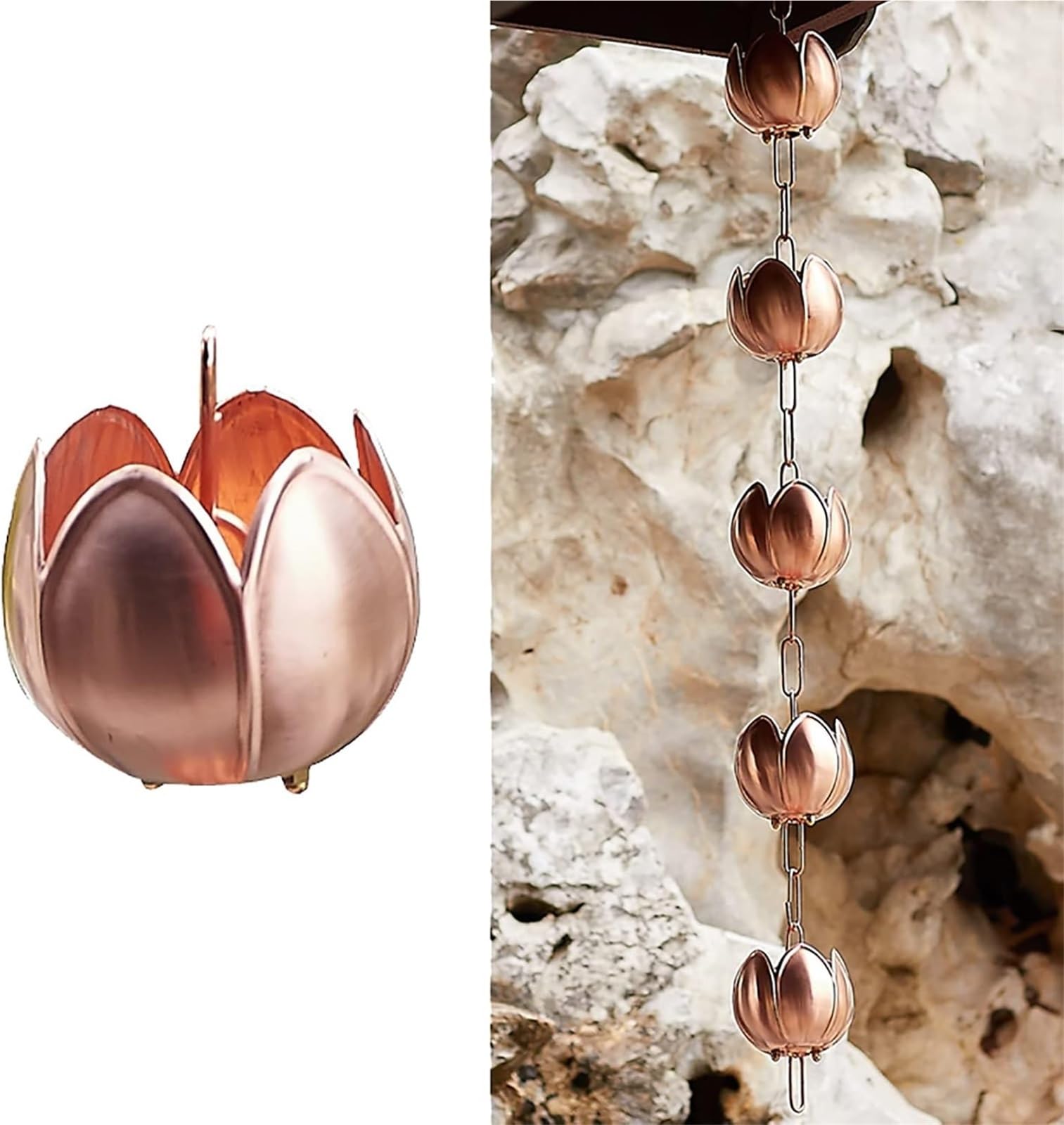 レインチェーンダイレクト、雨どい用レインチェーン、銅ロータスデコレーション、雨どい用レインチェー..