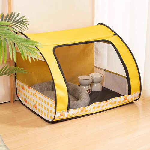 ペットゲージ Sサイズ イエロー 果物 プリント 折りたたみ メッシュ 通気性 遊び場 ドライブ キャンプ ..