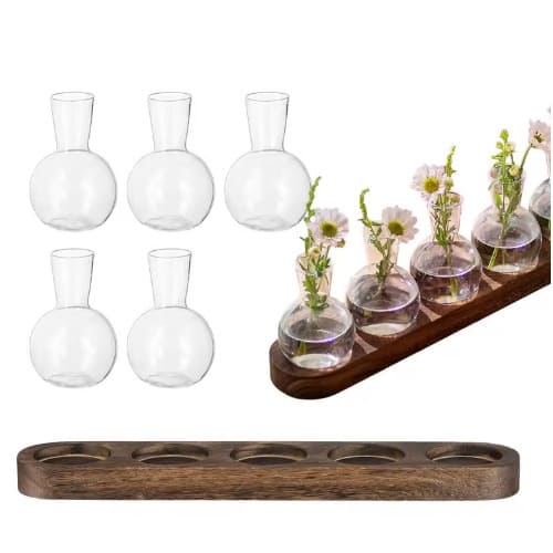 花瓶 5個 一輪挿し フラスコ ガラス 透明 木製 ウッド おしゃれ ベース 北欧 韓国 インテリア ヴィンテージ 枝物 観葉植物 ドライフラワー