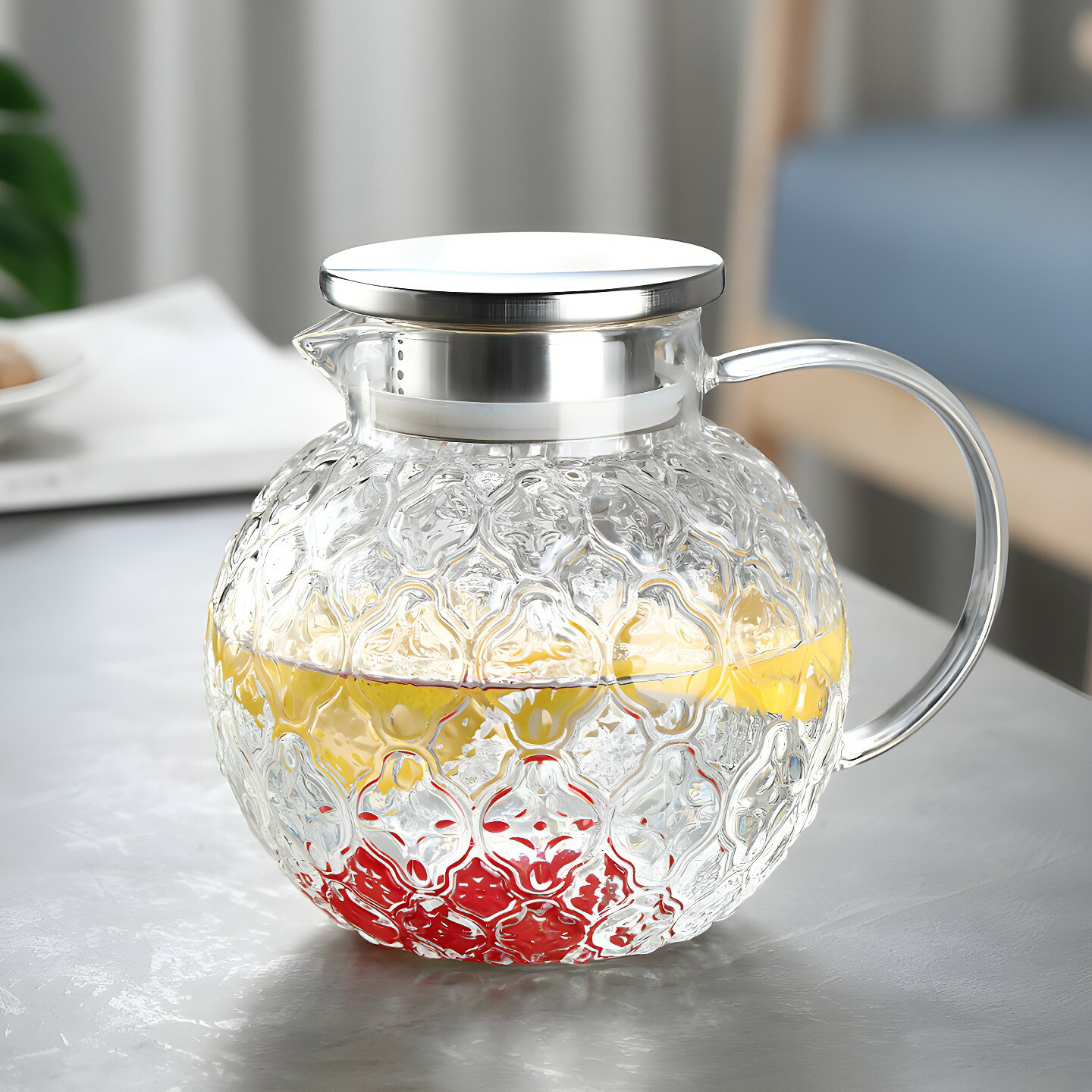 ピッチャー 冷水筒 1500ml 耐熱ガラス 麦茶ポット ガラスポット ステンレス鋼 ウォーターピッチャー ウォーターカラフェ クリア ジャグ フルーツポット ドリンクピッチャー ピクルスポット