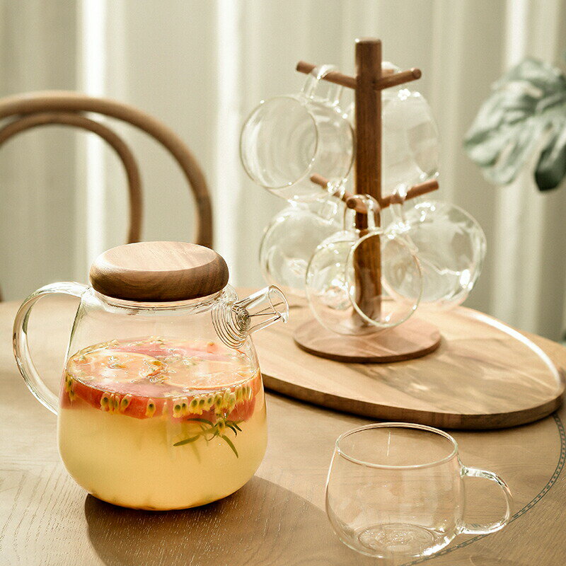 ウォーターピッチャー 耐熱ガラス ティーポット ガラス急須 銀針茶こし付き ガラスやかん アカシアの木蓋 ガラスポット グラスセット ..