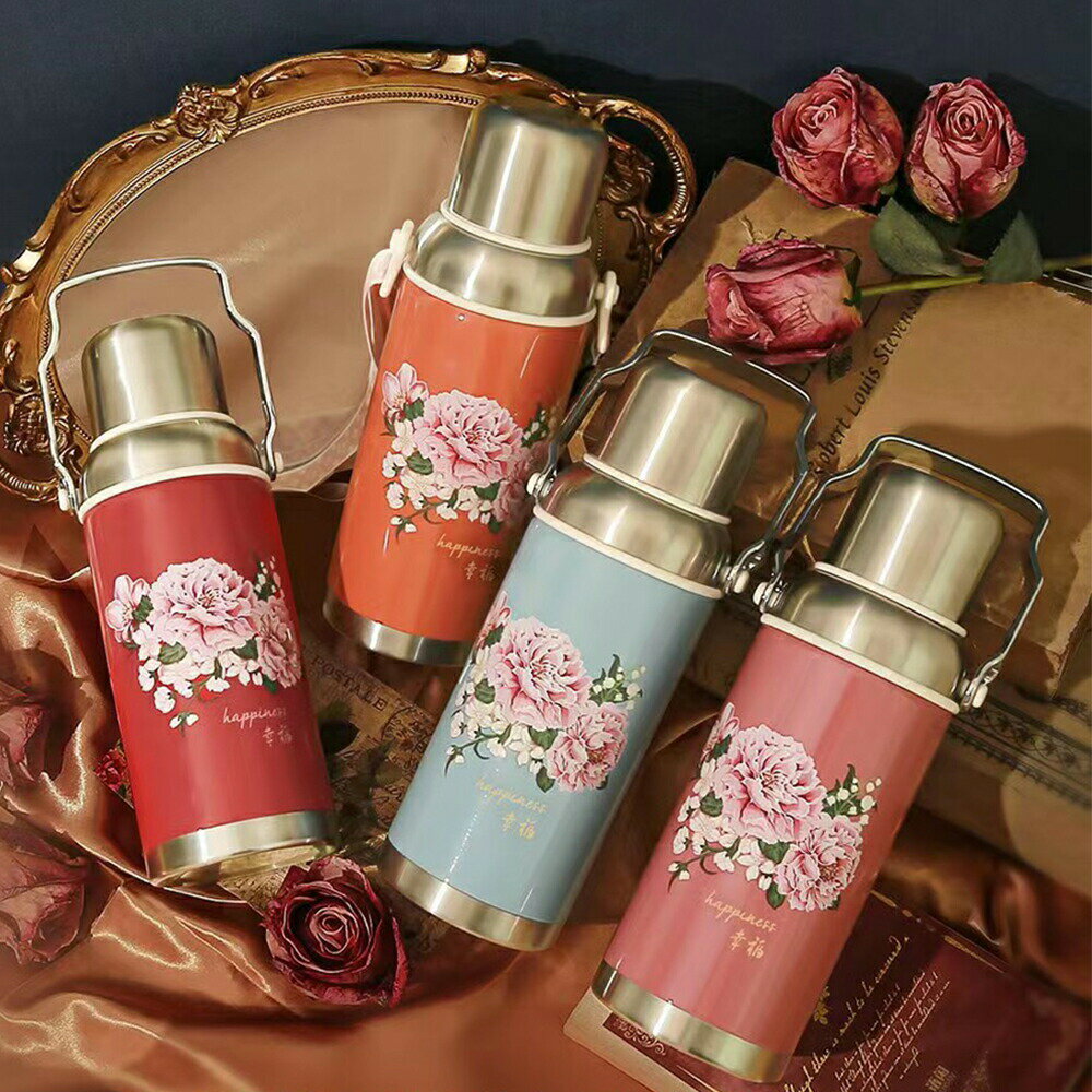 レトロで可愛い 水筒 ワンプッシュタイプ マグボトル 魔法瓶 保温瓶 真空 ステンレスボトル 二重断熱構造 保温ポット ハンドル付き 花柄 おしゃれ 保温効果 キャンプ 携帯 アンティーク