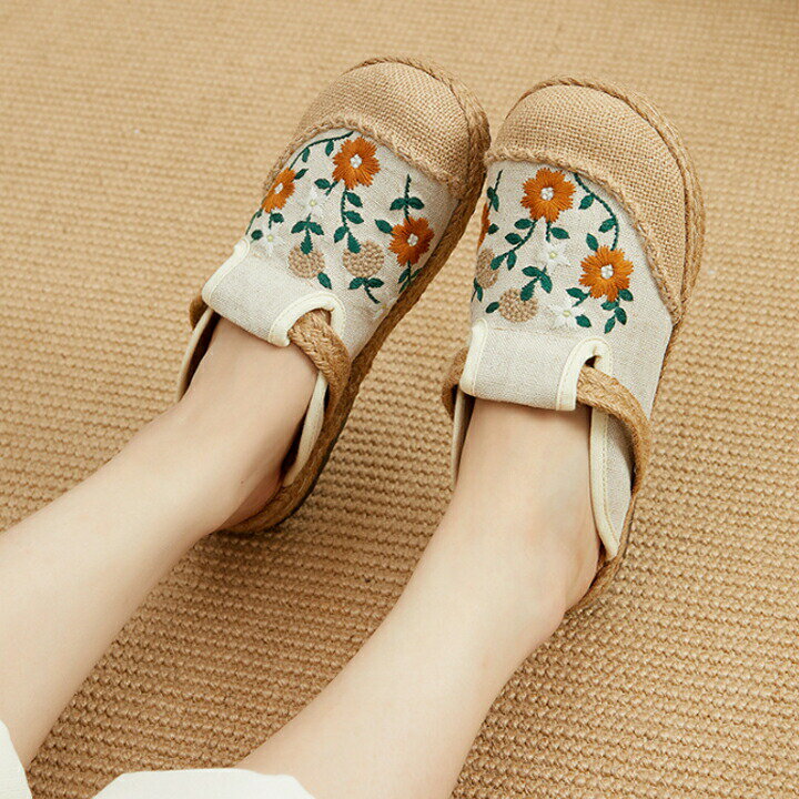 サンダル レディース 花柄 刺繍 可愛い 中華風 スリッパ ローファー 外履きOK サボサンダル ナチュラル 手編み エスニック レッド ブラック ベージュ グレー サボ 疲れない 痛くない 履きやすい 歩きやすい 婦人靴 ルームシューズ きれいめ おしゃれ