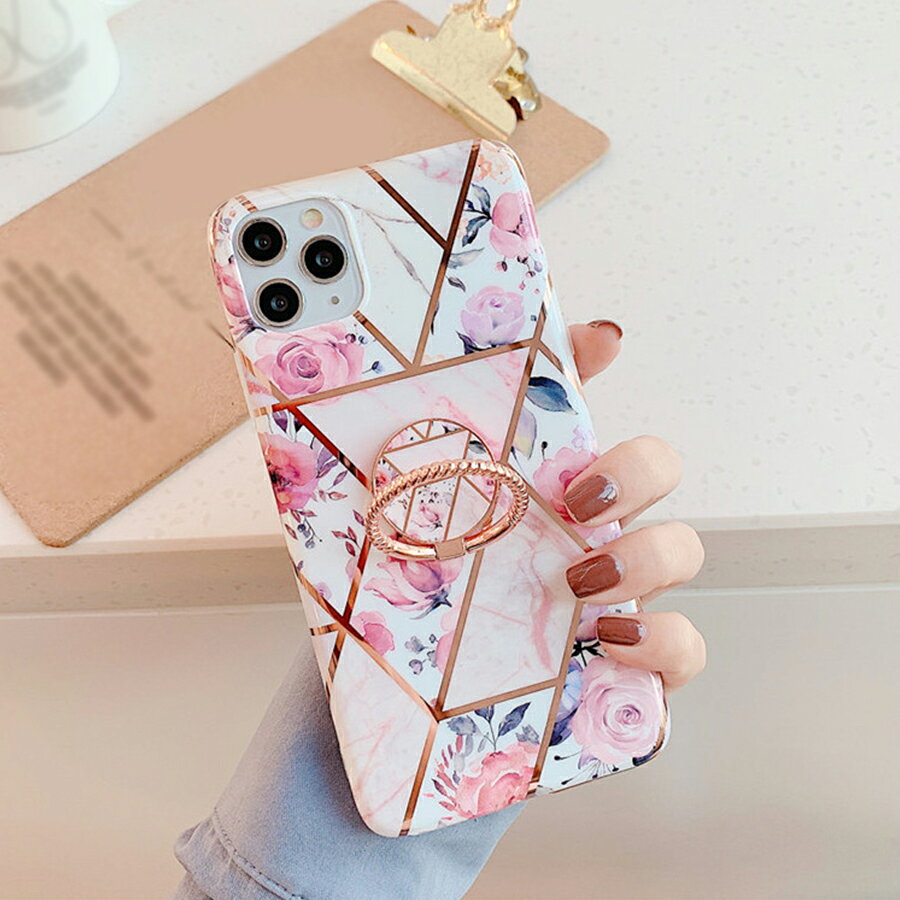 樂天商城 - iPhone12ProMax 背面ケース ケース カバー ラグジュアリー マーブル フラワー 花 メッキ ホールドリング スタンド機能 おしゃれ 可愛い