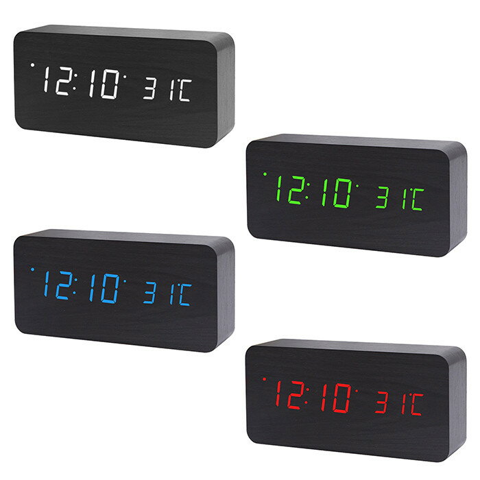 木目調LED時計(大) アラーム機能 日付・温度表示 省エネモード搭載 ブラック