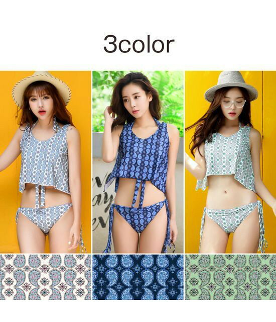 【処分特価】 水着 レディース カバーセット水着 レディース 3点セット 体系カバー ホルターネック トップス タンキニ リボン サイドリボン ペイズリー柄 盛れる