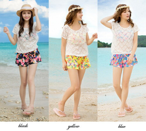 【処分特価】 水着 レディース レース花柄ビキニ4点セット 4ピース 盛れる 体系カバー 花柄 レース フリル フラワープリント ショートパンツ ホルターネック ブラック ブルー イエロー