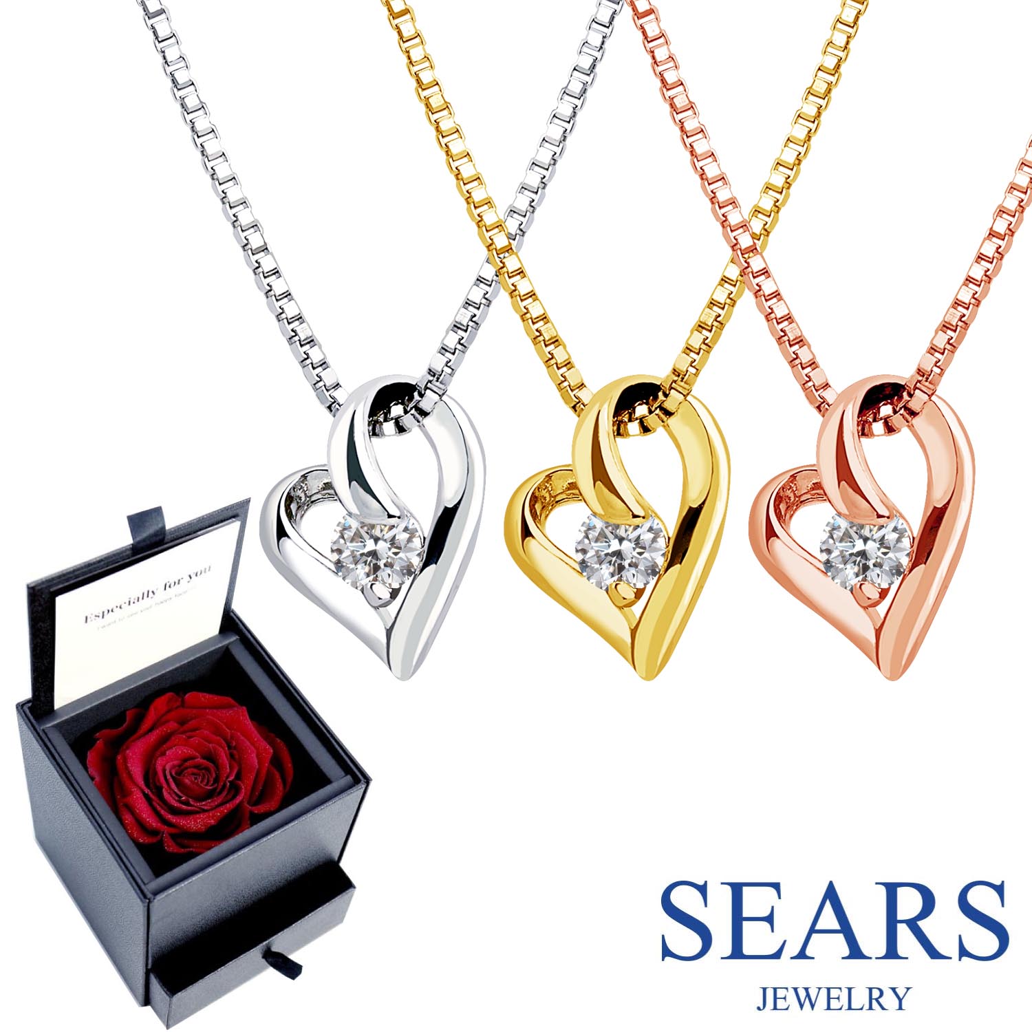 ネックレス レディース オープンハート 大粒 キュービックジルコニア ネックレス プリザーブドフラワーBOXセット Sears (シアーズ) 女性 誕生日プレゼ...