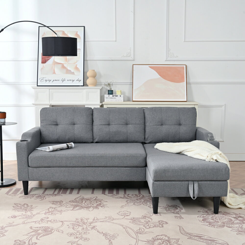 ソファ カウチソファ ソファベッド 3人掛け 収納付き ドリンクホルダー付き グレー ダークブラウン ブ..