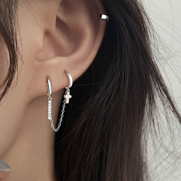 ZDW SHOPPINGの【1000円均一】クロス リング 銀針ピアス★ビアス キュービック・ジルコニア 揺れる チェーンピアス ロングピアス 揺れるピアス ★レディース シルバー925　アレルギーフリー ゴールド シルバー｜アングル2