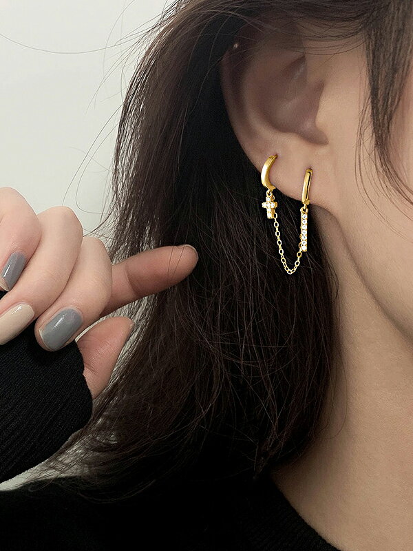 ZDW SHOPPINGの【1000円均一】クロス リング 銀針ピアス★ビアス キュービック・ジルコニア 揺れる チェーンピアス ロングピアス 揺れるピアス ★レディース シルバー925　アレルギーフリー ゴールド シルバー｜アングル3