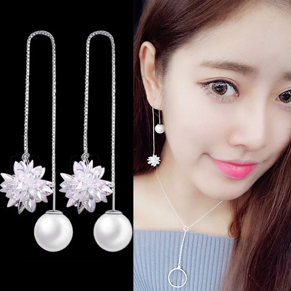 【1000円均一】雪の花 ロングチェーンピアス★アメリカンビアス キュービック・ジルコニア 揺れる チェーンピアス ロングピアス 揺れるピアス ★レディース パール シルバー925　アレルギーフリー