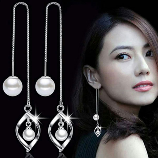 【1000円均一】ロングチェーンピアス★アメリカンビアス キュービック・ジルコニア 揺れる チェーンピアス ロングピアス 揺れるピアス ★レディース パール シルバー925 アレルギーフリー