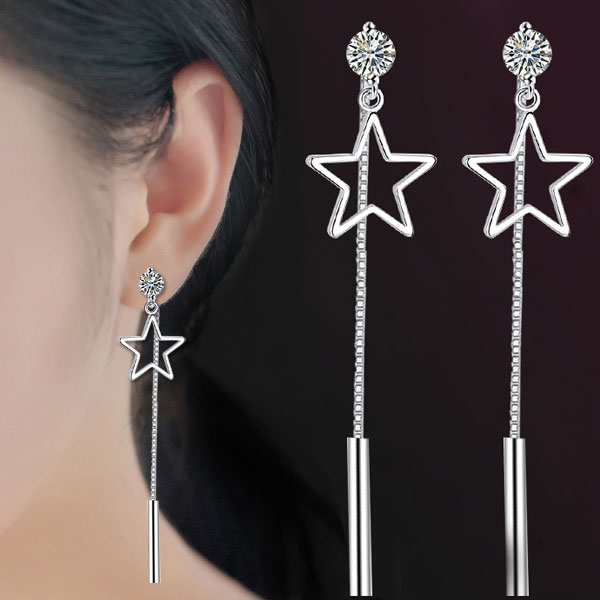 Rakuten - 【1000円均一】スター 星 2WAY ロングチェーン銀針ピアス★アメリカンビアス キュービック・ジルコニア 揺れる チェーンピアス ロングピアス 揺れるピアス ★レディース シルバー925　アレルギーフリー