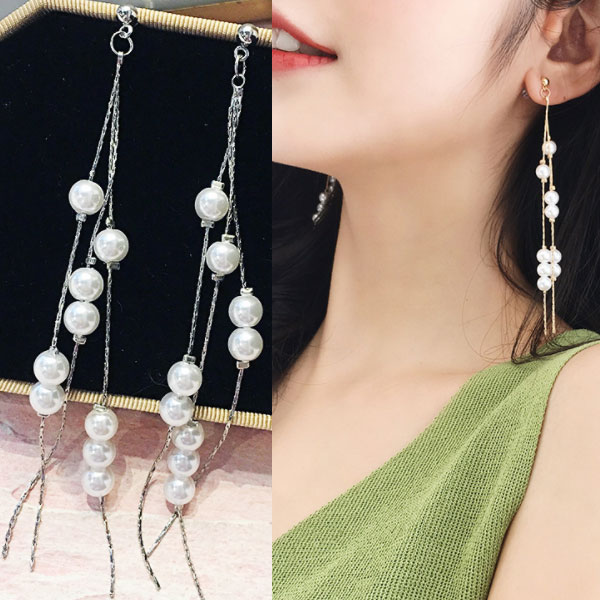 【1000円均一】パール ロングチェーンピアス★アメリカンビアス キュービック・ジルコニア 揺れる チェーンピアス ロングピアス 揺れるピアス ★レディース パール シルバー925　アレルギーフリー