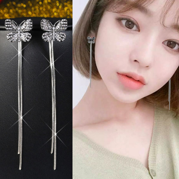 【1000円均一】蝶々 2Way ロングチェーンピアス★アメリカンビアス キュービック・ジルコニア 揺れる チェーンピアス ロングピアス 揺れるピアス ★レディース パール シルバー925　アレルギーフリー