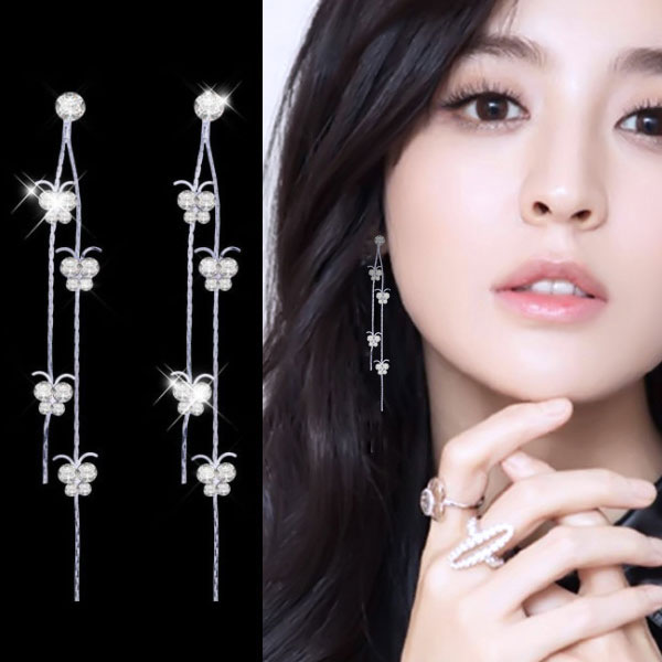 【1000円均一】蝶々 ロングチェーンピアス★アメリカンビアス キュービック・ジルコニア 揺れる チェーンピアス ロングピアス 揺れるピアス ★レディース パール シルバー925　アレルギーフリー