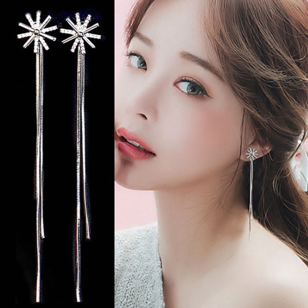 【1000円均一】フラウー 銀針ロングチェーンピアス★アメリカンビアス キュービック・ジルコニア 揺れる チェーンピアス ロングピアス 揺れるピアス ★レディース シルバー925　アレルギーフリー