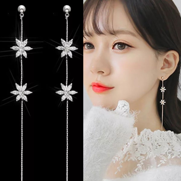 【1000円均一】【イヤリングへの無料変更♪】フラワー銀針ピアス ロングチェーンピアス★アメリカンビアス キュービック・ジルコニア 揺れる チェーンピアス ロングピアス 揺れるピアス ★レディース パール シルバー925　アレルギーフリー