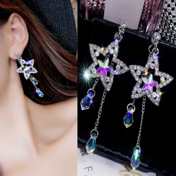【1500円均一】スター 星 2Way ロングチェーンピアス★キュービック・ジルコニア 揺れる チェーンピアス ロングピアス 揺れるピアス ★レディース パール シルバー925　アレルギーフリー