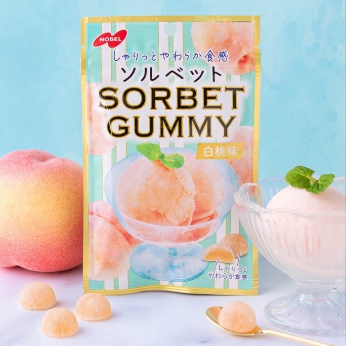 話題のお菓子　SORBET　ソルベット　白桃味　1袋　ソルベットグミ　新食感　お菓子　グミキャンディ　小袋