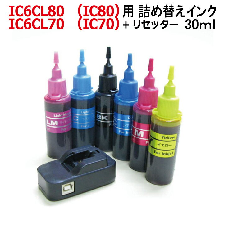 エプソン EPSON 対応 IC70 / IC70L IC6CL70 シリーズ 対応 詰め替えインク 6色スタータセット（各30ml)ICチップリセッター IC80 とうもろこし ITH-6CL イチョウ