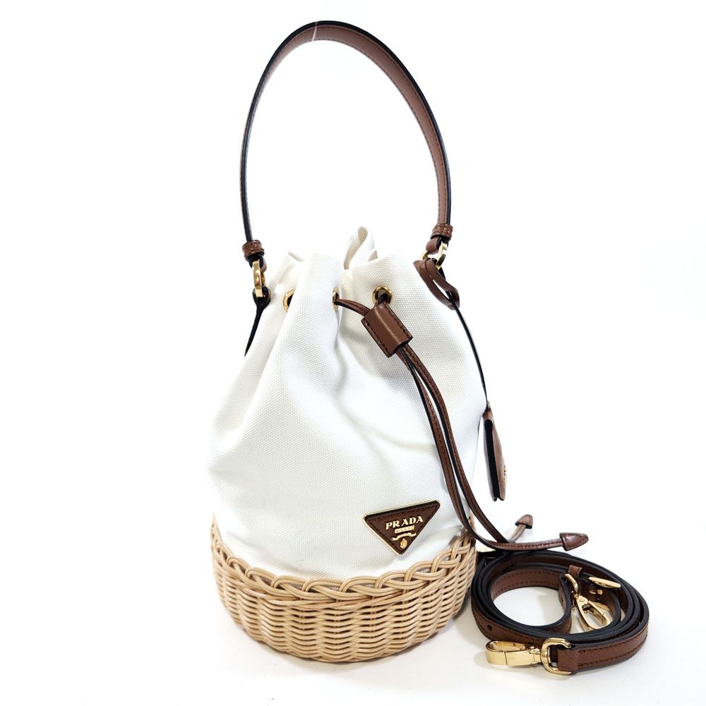 PRADA◇ラタン×キャンバス かごバッグ ストラップ付 2way - バッグ PRADA◇ラタン×キャンバス かごバッグ ストラップ付 2way - バッグ