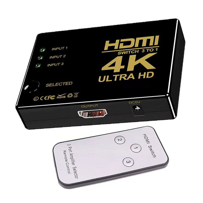 HDMI 切替器 分配器 3チャンネル入力1出力 4K/3D/1080P対応 ボタン手動切替 hdmiスイッチ 1080P/3D対応 メス オス hdmi3入力1出力ハイビジョンオーディオ HDDレコーダー Apple TV Chromecast Stick対応 usb給電 スプリッター 自動手動切替機能搭載 リモコン付き