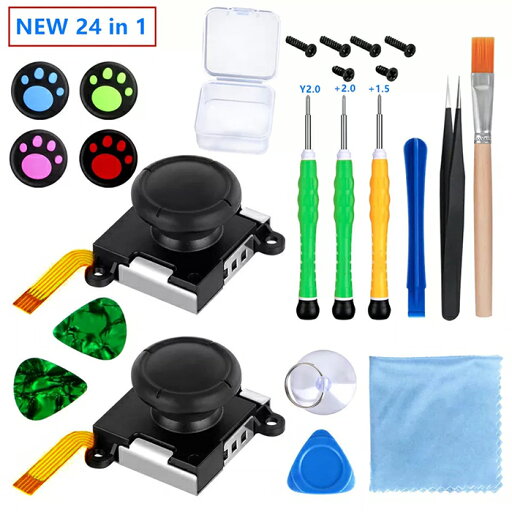Switch NS Joy-con対応 24in1修理キット 交換部品 3Dセンサーアナログジョイスティック 右/左 コントロール R/L 2個 交換部品用 ニンテンドースイッチ ジョイコン修理用 修理ツール付 猫の爪 肉球 親指キャップ4個付き Switch NS Joy-con対応 24in1修理キット 交換部品 3Dセンサーアナログジョイスティック 右/左 コントロール R/L 2個 交換部品用 ニンテンドースイッチ ジョイコン修理用 修理ツール付 猫の爪 肉球 親指キャップ4個付き