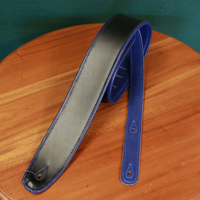 RENEGADE レネゲード ギターストラップ Super Deluxe Rolled Edge Leather, Neoprene Insert-Black / Blue レザー 革 ブルー 青