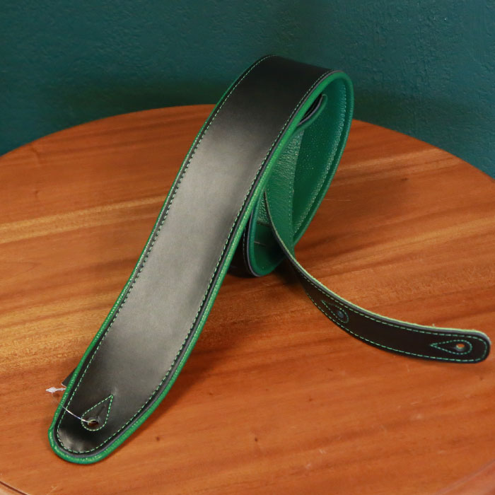 RENEGADE レネゲード ギターストラップ Super Deluxe Rolled Edge Leather, Neoprene Insert-Black / Green レザー 革 グリーン 緑