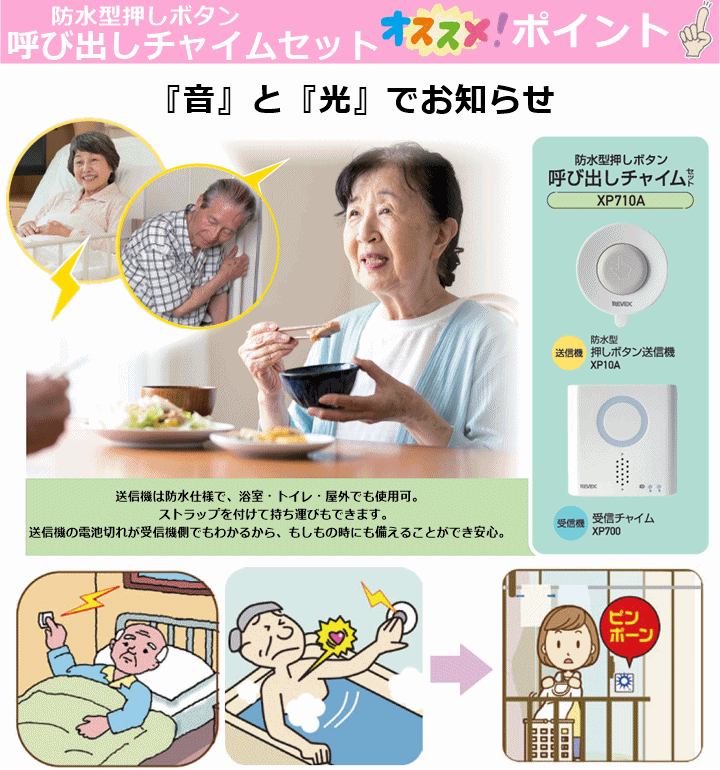 防水型押しボタン呼び出しチャイムセット(XP710A)【呼び出しチャイム ナースコール ワイヤレス 呼び出しベル コール コードレス 呼出 ベル 呼び出し卓上コール インターフォン 簡易ベル 呼び鈴 増設 難聴 LED 老人 高齢者 独居 施設 屋外 浴室 トイレ リーベックス】