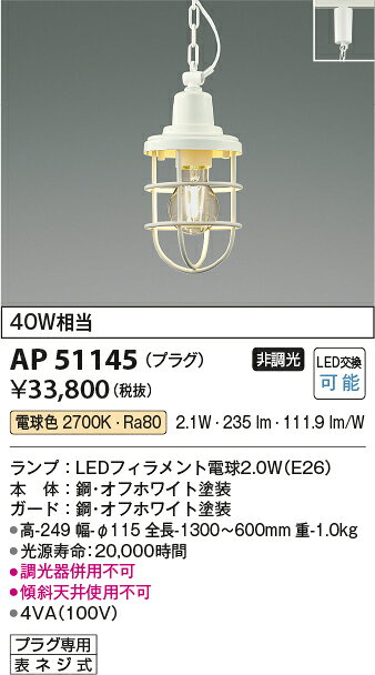 樂天商城 - 【LEDペンダント】【電球色】【on-offタイプ】【プラグタイプ】AP51145