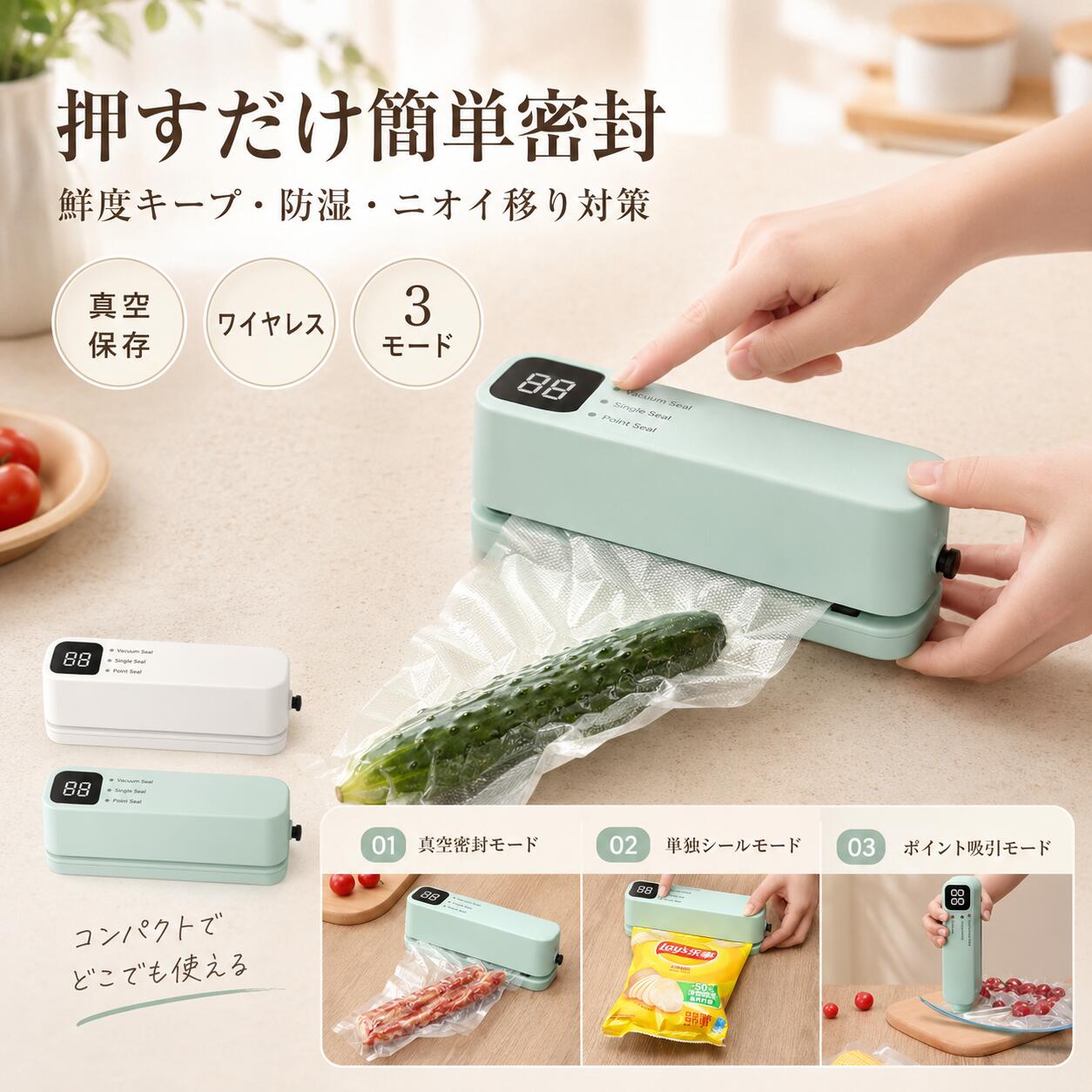 押すだけ、かんたん密封 毎日の食品保存をもっと手軽に 1台3役の真空シーラー 真空密封・単独シール・ポイント吸引の3モードを搭載。 食材や袋の種類、用途に合わせて使い分けできます。 まとめ買いや作り置き、お菓子の袋の保存など、毎日のキッチンで活躍します。 01 真空密封モード 袋の中の空気を吸引してから密封。 肉・魚・野菜・乾物などの保存に便利です。 空気に触れる量を減らし、食品の保存をサポートします。 02 単独シールモード 真空にせず、袋の口だけを密封できます。 食べかけのお菓子や調味料など、開封後の袋を閉じたい時に便利です。 03 ポイント吸引モード 専用の吸引口にノズルを合わせて、ボタンを押すだけ。 バルブ付き保存袋などの空気を手軽に吸引できます。 コードレスで使いやすい コードを気にせず使えるので、キッチンの好きな場所で使用可能。 コンパクトサイズで収納場所も取りにくく、必要な時にサッと使えます。 ● まとめ買いに 肉や魚などを小分けして保存したい時に。 ● 作り置きに 下ごしらえした食材や作り置きの保存にも便利です。 ● お菓子・乾物に 食べかけのお菓子や豆類、乾物などの袋の密封にも。 ● 冷蔵・冷凍保存に 食材を整理しやすく、冷蔵庫や冷凍庫の省スペース収納にも役立ちます。 かんたん3STEP STEP 1 袋の口を本体のシール位置にまっすぐセットします。 STEP 2 用途に合わせてモードを選び、ボタンを押します。 STEP 3 吸引・密封が完了したら取り出して保存します。 真空保存も、袋の再密封も、これ1台。 毎日の食品保存をもっとスマートに。 ※使用する袋の素材や厚みによって、密封状態が異なる場合があります。 ※袋の口に水分・油分・食材などが付着している場合は、拭き取ってからご使用ください。 ※ポイント吸引機能は対応する保存袋・容器にご使用ください。