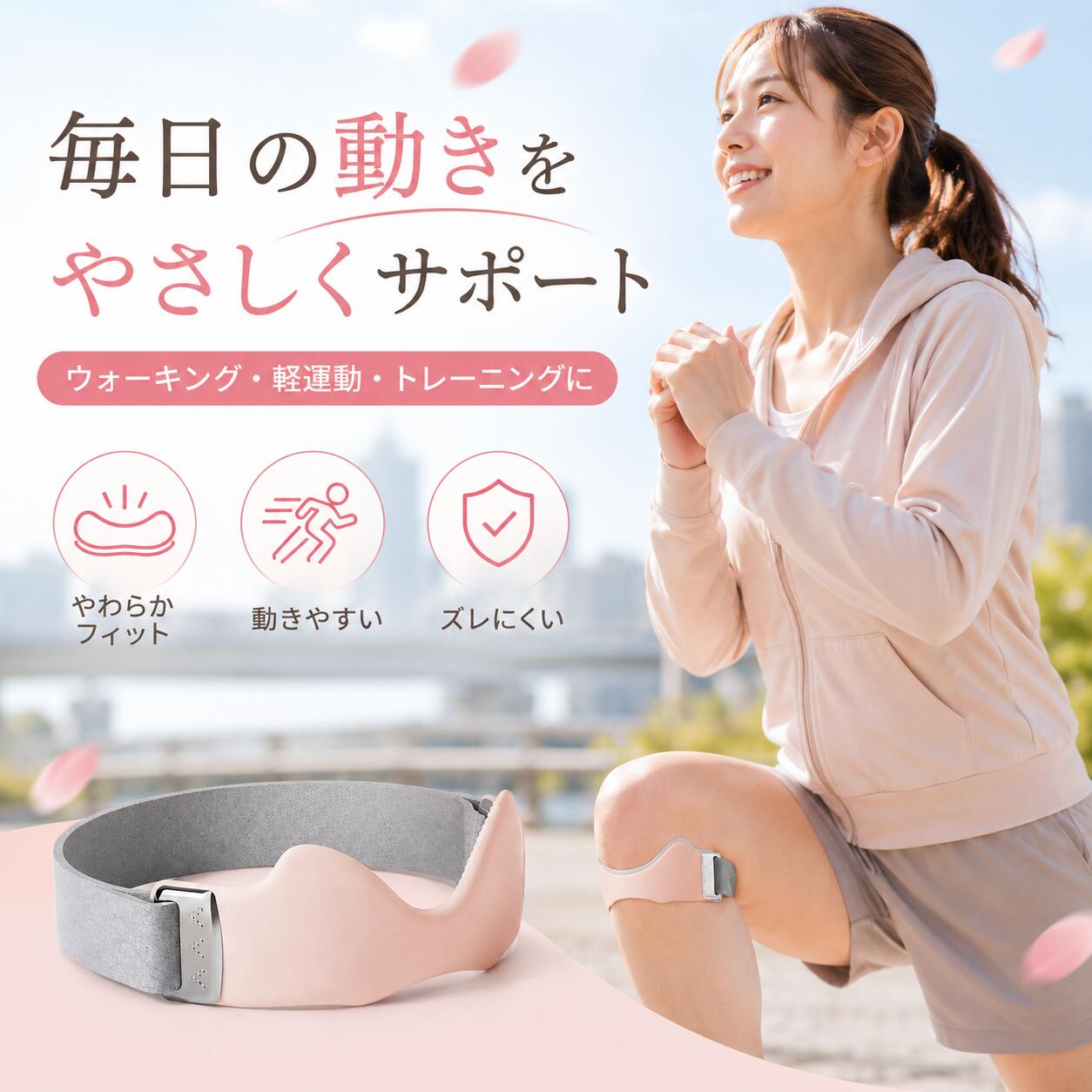 動きやすさを考えたシリコン膝バンド 毎日の運動やウォーキングに使いやすいシンプル設計 やわらかく、自然にフィット やわらかなシリコン素材を使用し、 ひざまわりに沿いやすい立体形状に仕上げました。 スポーツから日常のお出かけまで、気軽に装着できます。 POINT 01　立体エアクッション 立体的なクッション部分がひざまわりにフィット。 やわらかな着け心地を考えたデザインです。 POINT 02　やわらかなシリコン素材 柔軟性のあるシリコン素材を採用。 身体の動きに合わせやすく、日常使いにもおすすめです。 POINT 03　面ファスナーで簡単調整 ベルト部分は面ファスナー仕様。 お好みに合わせてフィット感を調整できます。 POINT 04　ズレにくい立体形状 ひざまわりに沿う形状で、装着時のズレに配慮。 歩行や軽い運動などにも使いやすい仕様です。 幅広いシーンで活躍 ウォーキング ランニング ジム・フィットネス 軽いトレーニング アウトドア 日常のお出かけ 軽量＆コンパクト 大きく覆うタイプではなく、コンパクトに装着できるデザイン。 バッグにも入れやすく、持ち運びにも便利です。 選べる4カラー パープル　／　ベージュ ブラック　／　ピンク 商品情報 商品名：シリコンエアクッション膝バンド サイズ：約18.5×5.5×0.8cm 素材：シリコン・ABS・ポリエステル繊維 カラー：パープル・ベージュ・ブラック・ピンク 仕様：面ファスナー調整式・左右兼用 使用シーン：ウォーキング・ランニング・ジム・軽い運動など 毎日のアクティブシーンを、もっと快適に。 シンプルで使いやすい、シリコン膝バンドです。 ※本商品は医療機器ではありません。 ※使用感・フィット感には個人差があります。 ※きつく締めすぎないように調整してご使用ください。 ※使用中に違和感を感じた場合は、使用を中止してください。 ※モニター環境により、実際の商品と色味が異なって見える場合があります。