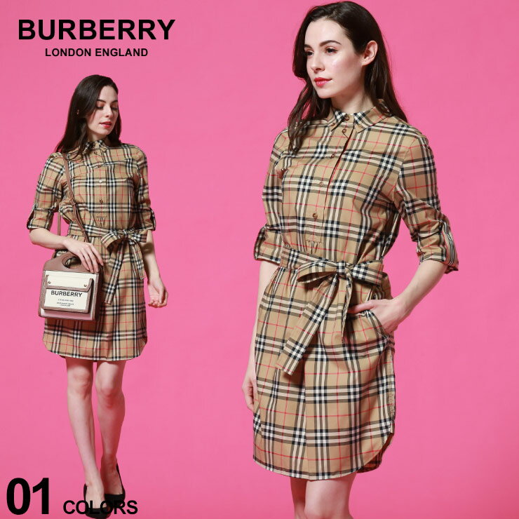 バーバリー レディース ワンピース BURBERRY ヴィンテージチェック ストレッチ コットン リボン ブランド トップス チェックワンピ 長袖 BBL8024585