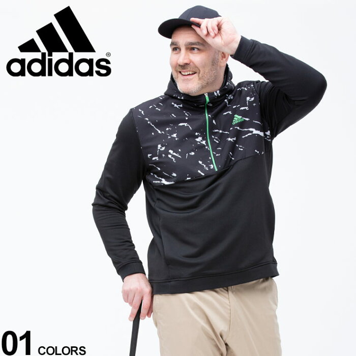 大きいサイズ メンズ adidas (アディダス) ハーフジップ 切り替え フード ゴルフ パーカー P BLUE COLD RDY 1/4 ZIP BLACK パーカー プリント スポーツ 長袖 メッシュ ジップ GU5153