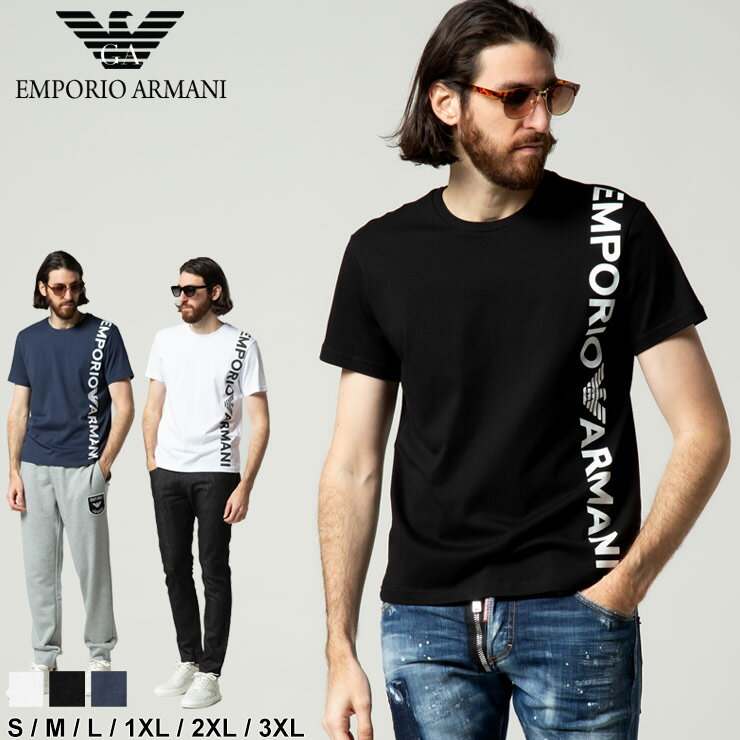 アルマーニ Tシャツ メンズ エンポリオ アルマーニ EMPORIO ARMANI ブランド 縦 ロゴ プリント クルーネック 半袖 トップス シャツ 白 黒 紺 ホワイト ブラック ネイビー 大きいサイズ EA2118312R479