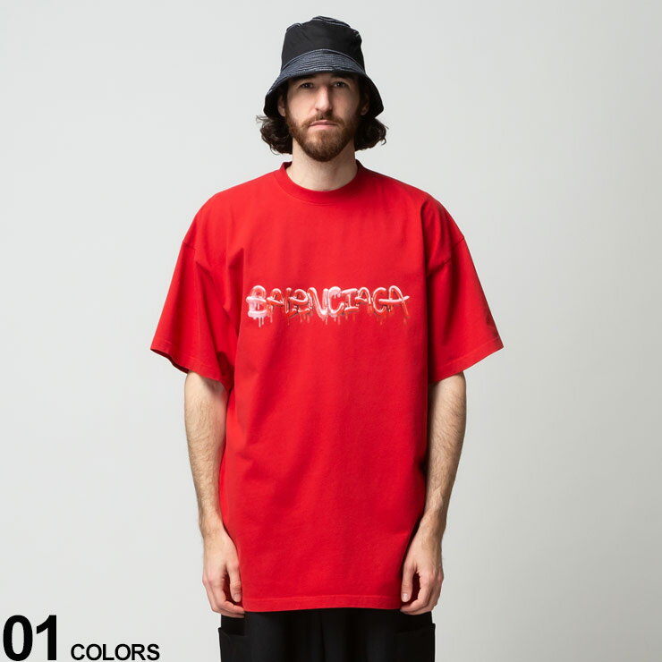 バレンシアガ メンズ Tシャツ 半袖 BALENCIAGA ブランド スライム ロゴ プリント オーバーサイズ クルーネック トップス シャツ 赤 レッド 大きいサイズ BC676589TLVF1