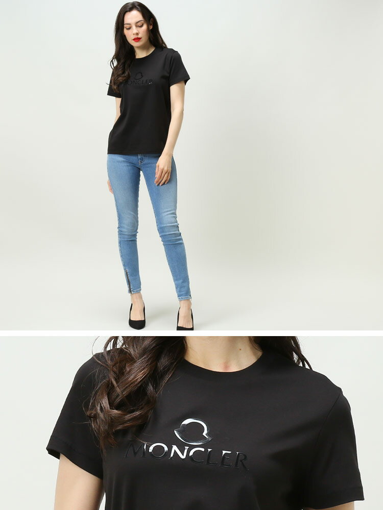 モンクレール レディース Tシャツ 半袖 MONCLER ロゴ ブランド トップス シャツ 白 黒 大きいサイズ プリント クルーネック MCL8C00006809CR