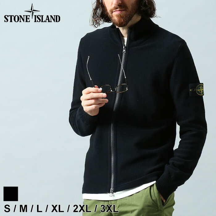 ストーンアイランド メンズ ニット STONE ISLAND ブランド アウター ブルゾン カーディガン ジャケット スタンド 袖ロゴ フルジップ 503A1 ウール ウール混 ストレッチウール 12ゲージ ハイゲージ 黒 ブラック 大きいサイズ SI7715503A1