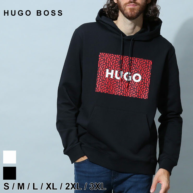 ヒューゴボス メンズ パーカー HUGO BOSS ブランド フーディー トップス 長袖 スウェット ロゴ プリント プルオーバー リラックスフィット セットアップ 対応 コットン 綿 白 黒 大きいサイズ HBRDREE10243311 SALE_1_e