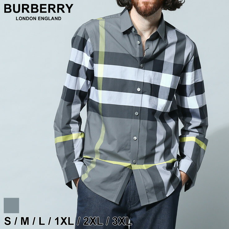 バーバリー バーバリー チェックシャツ BURBERRY メンズ シャツ チェック ストレッチコットンポプリン ブランド トップス 長袖シャツ グレー 大きいサイズあり BB8065202